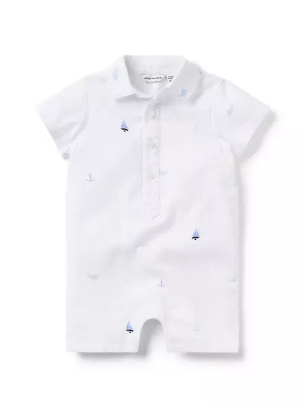 Janie and Jack White Polo Romper with Blue Sailboat Embroidery
